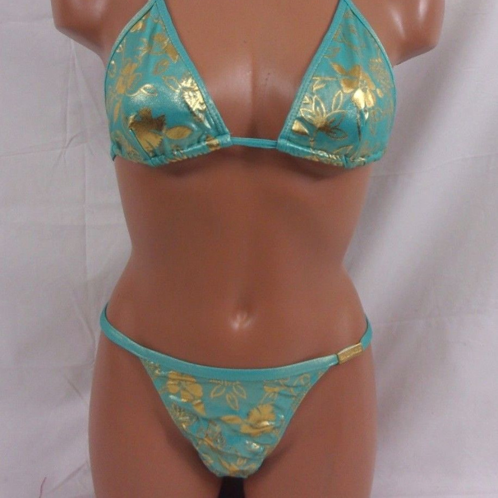 Sauvage Gold Foil Print Teal String Thong Bikini S